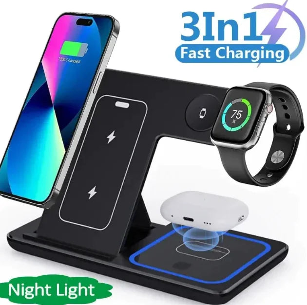 15W 3 In 1 LED Foldable Fast Wireless Charger Stand